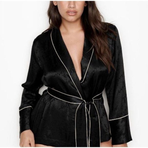 Victoria's Secret Pajama Set Black Satin sz S Top+ Short Wrap Kimono Robe Logo - Picture 2 of 11